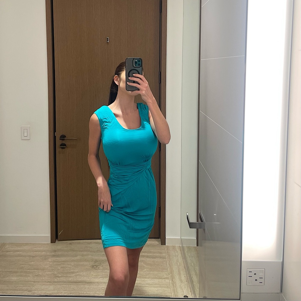 Roberto Cavalli Blue Bodycon Mini Dress Scoop Neck Cap Sleeve